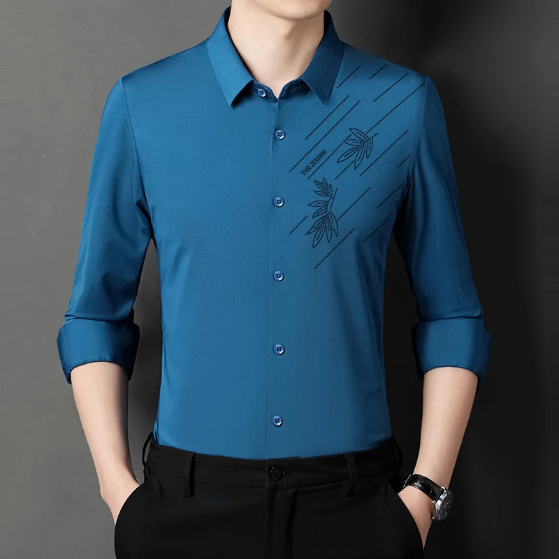 Men\'s High Elastic Traceless New Long-sleeved Slim Shirt Spandex Non-lroning Business Leisure Men Shirts Wrinkle Resistant Top