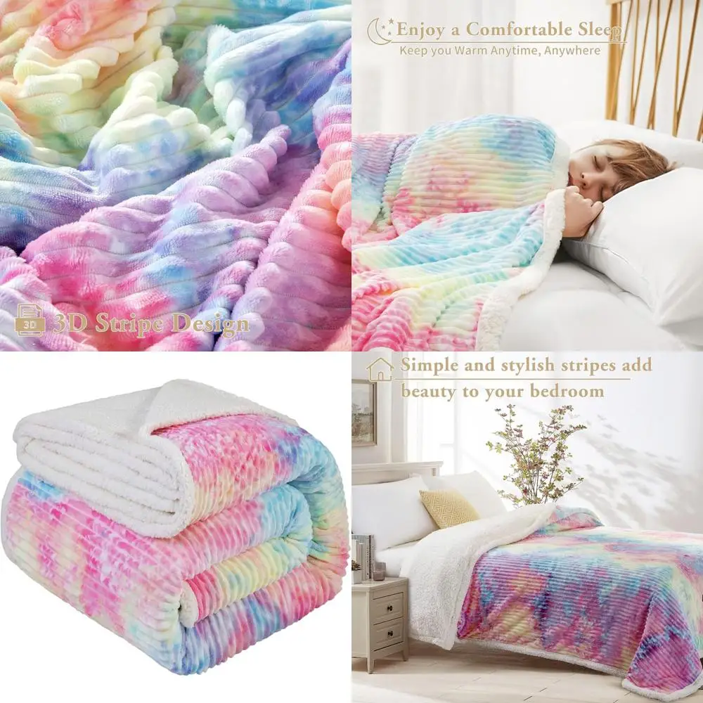 

Queen Size Striped Sherpa Fleece Blanket, Ultra Soft Plush, Warm & Cozy Fluffy Velvet Microfiber, Double Reversible, Luxurious R