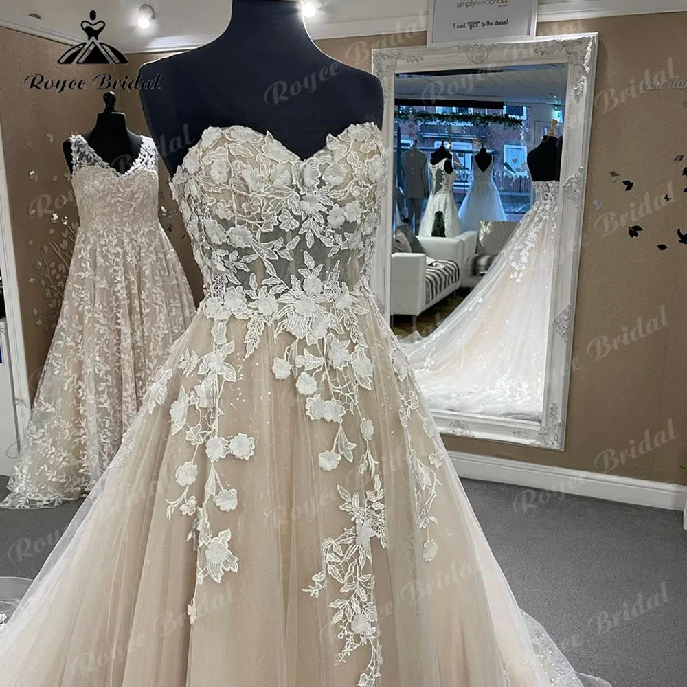 Vestido de novia de encaje con hombros descubiertos para mujer, traje de boda de lujo con escote Corazón, color champán, 2024