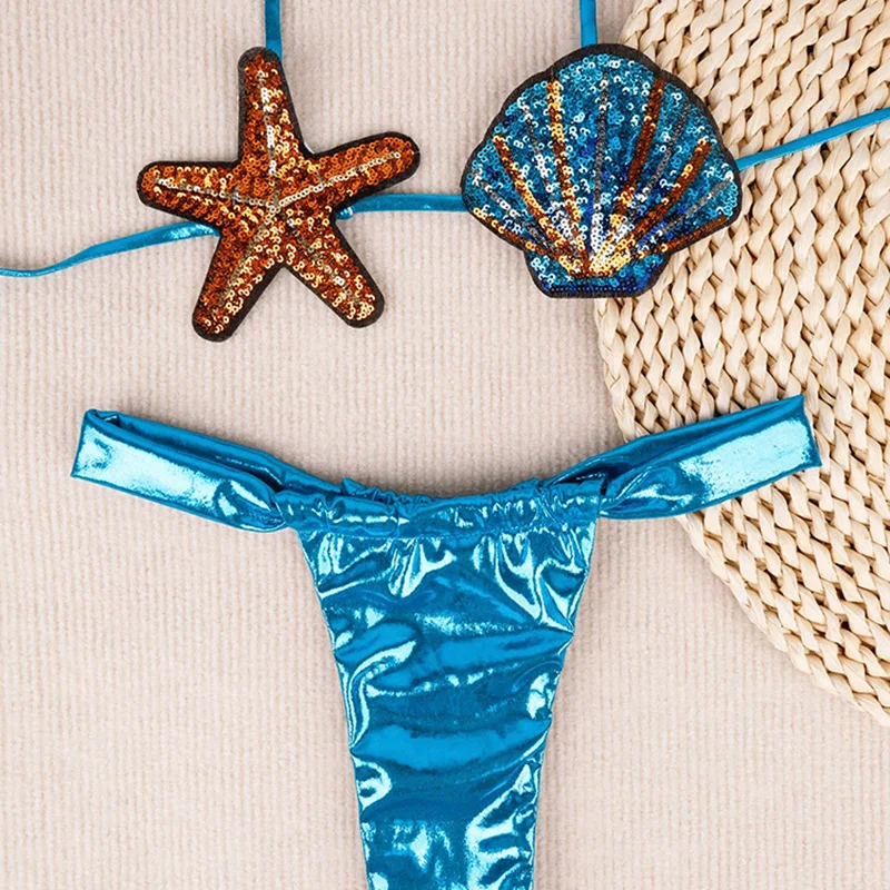 Shiny Sequin Shell Starfish Bikini Set Women Sexy Push Up Pleate Thong Swimsuit 2025 Brazilian Beach Bathing Suit Micro Swimwear