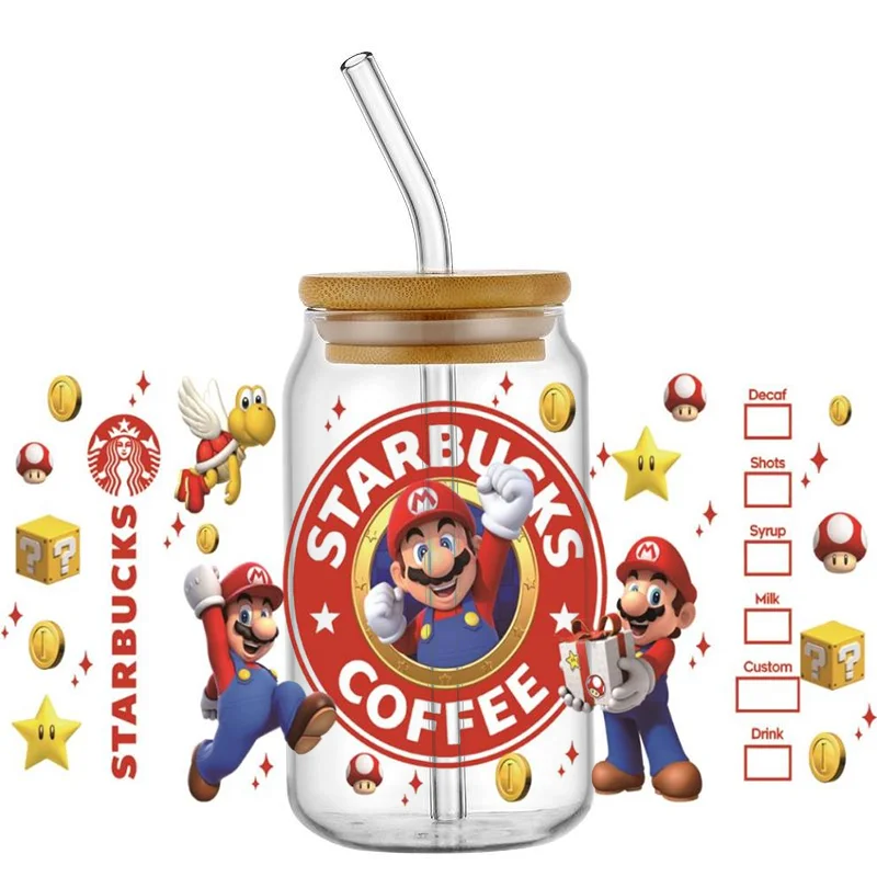 Miniso kreskówka super Mario wzór 16OZ UV DTF folia na kubek naklejki transferowe niestandardowe DIY wodoodporne logo dla Libbey szklana puszka