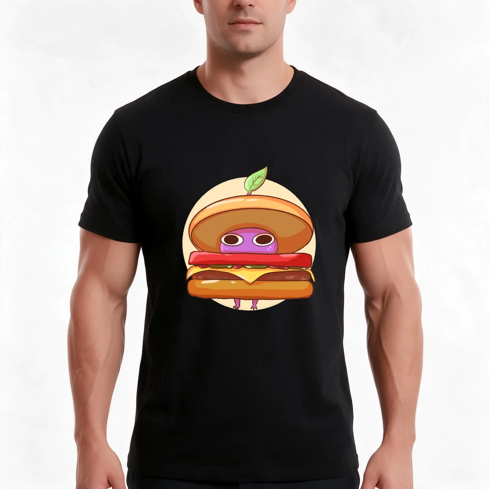 Purple Burger Pikmin T-Shirt, Summer Casual Cotton Tee, Oversized Streetwear Tops, Vintage Graphic Print, Loose Fit Short Sleeve