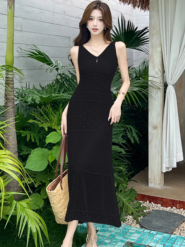 2025 preto de malha jacquard oco para fora estilingue sexy vestido longo feminino vintage bodycon camisola vestido verão coreano chique vestido de festa