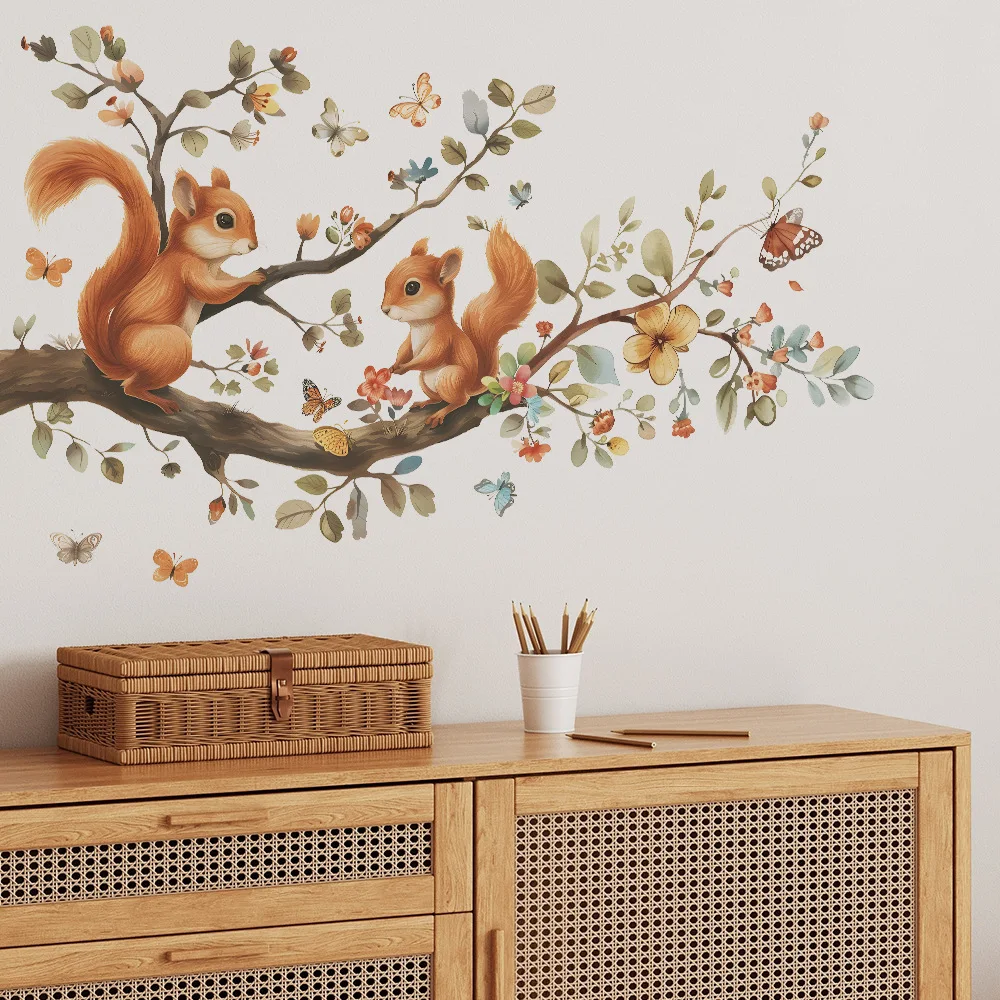 Forest Squirrels Climbing Tree Branch Wall Sticker Cute Animals Butterfly Decals for Living Room Bedroom Nursery Wall Decoration