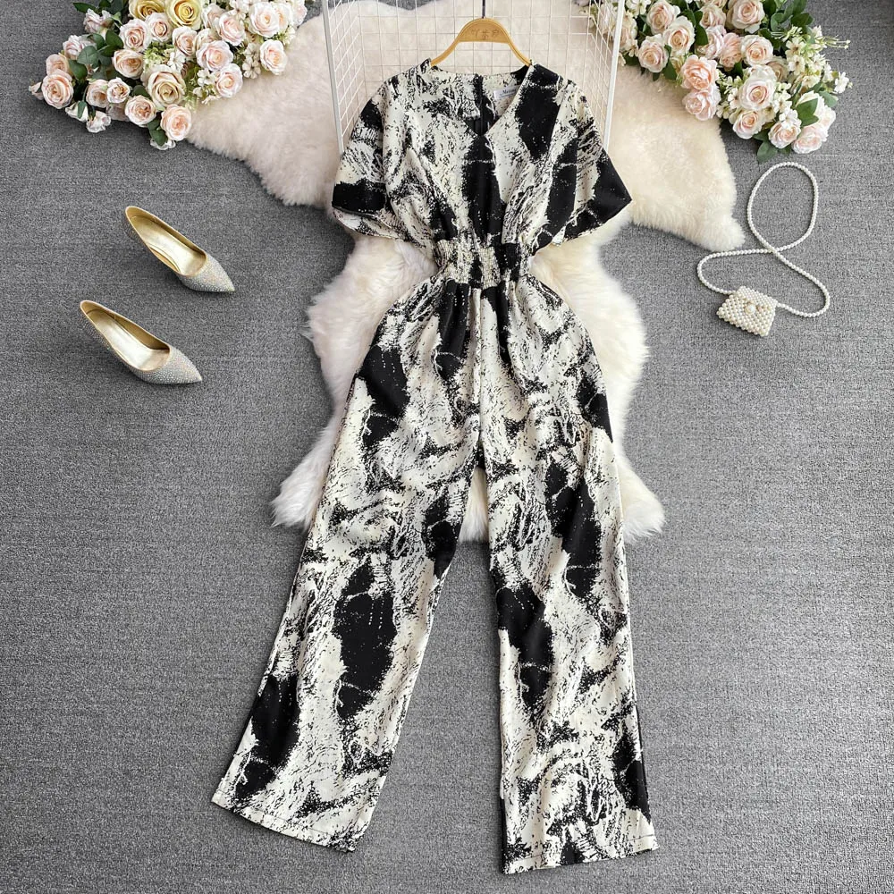 Elegant Chiffon Floral Jumpsuit V-Neck Rompers Playsuits High Waist Straight Pants One Piece Outfits Women\'s Clothing Summer