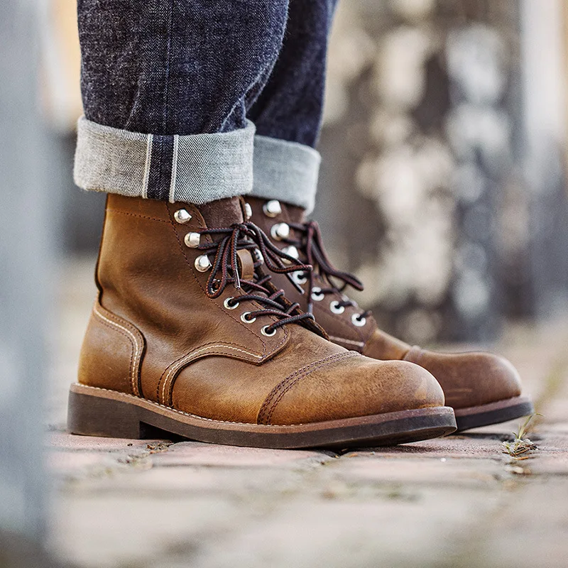 New Autumn Winter Handmade Men British Ankle Boots Vintage Cow Leather Shoes Tooling Outdoor Motorcycle Boots Round Toe Lace-up