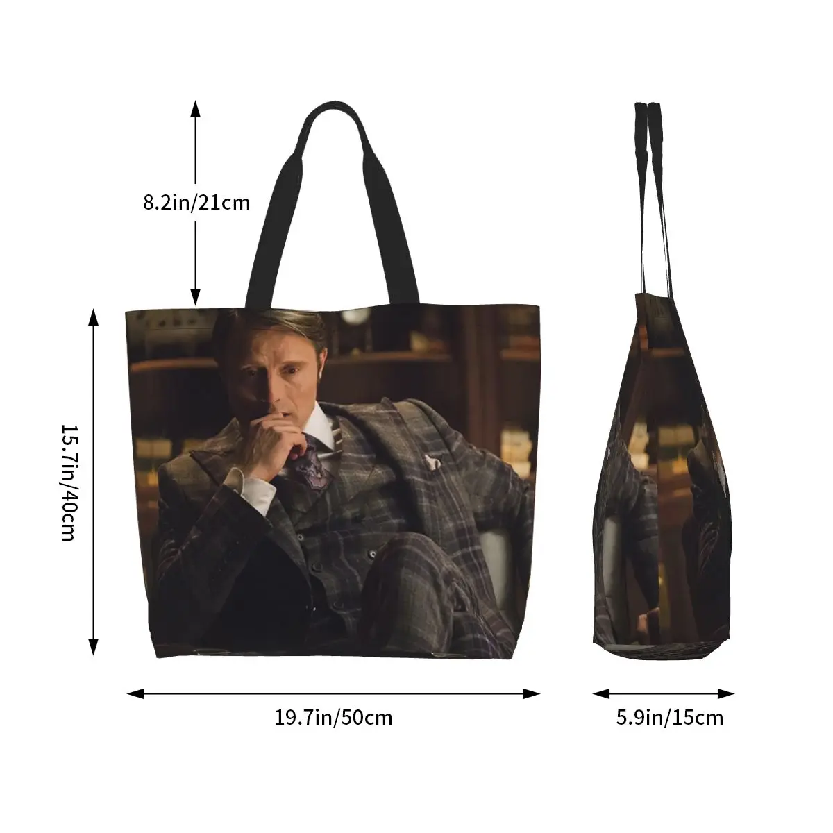 Mads Mikkelsen Hannibal Lecter TV Shopping Tote Bag Canvas Large Capacity Shoulder Bags Shopper Grocery Handbag for Women