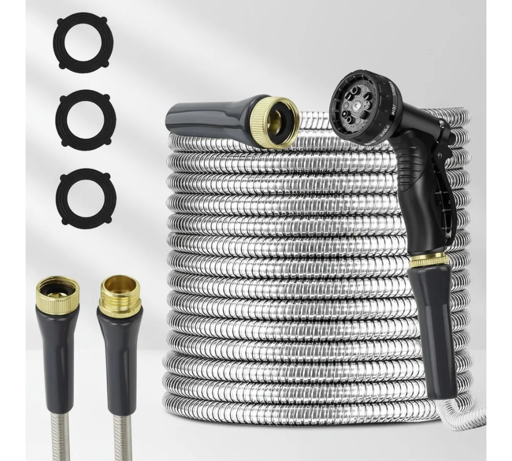 

75ft Heavy Duty Stainless Steel Garden Hose with 10-Function Nozzle for Outdoor Yard Watering