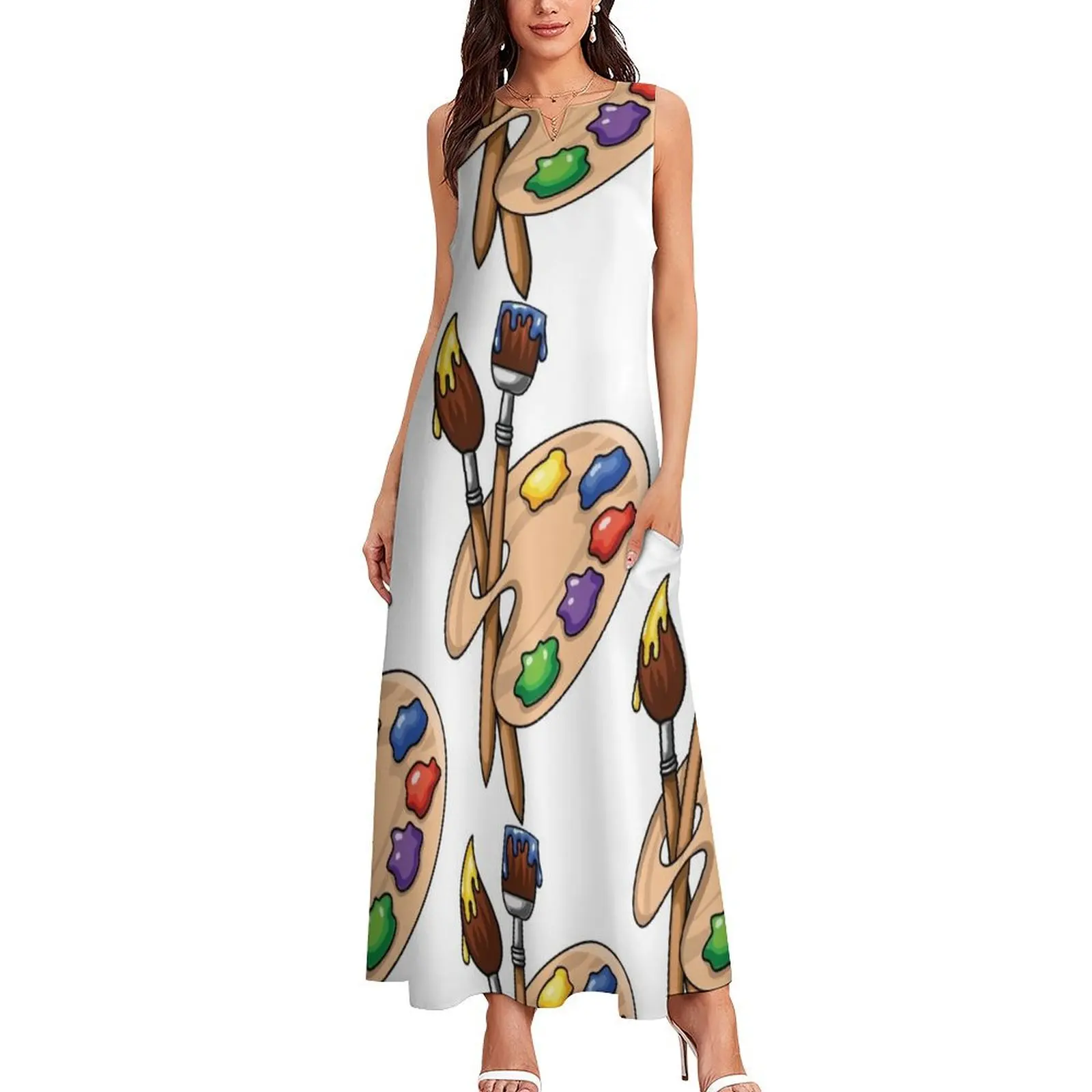 Cartoon wooden art Palette with paints and two brushes Long Dress elegant women's sets dresses korean style Dress