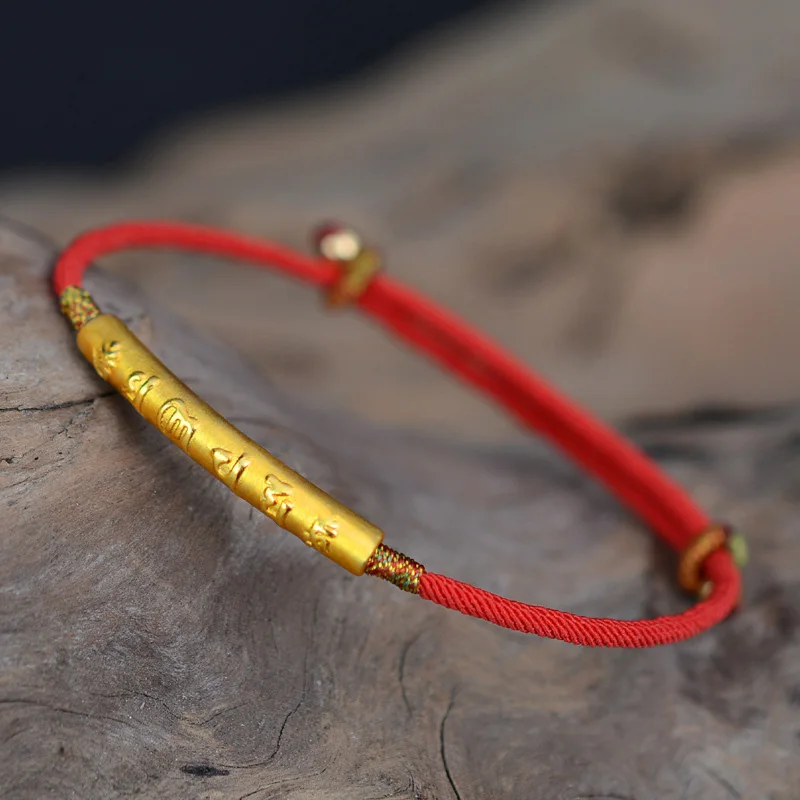 999 Sterling Silver Gold Color Handmade Thin Red String Bracelet For Women Six Words Engraved Mantra Prayer Buddhism Jewelry