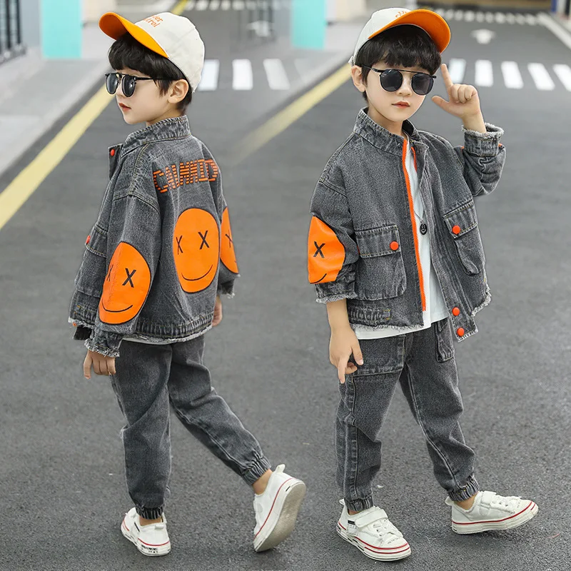 Children\'s Denim Suit 5-12 Years Old Boy Spring And Autumn Cartoon 2-Piece Set Of Smiley Pattern Jacket + Trousers