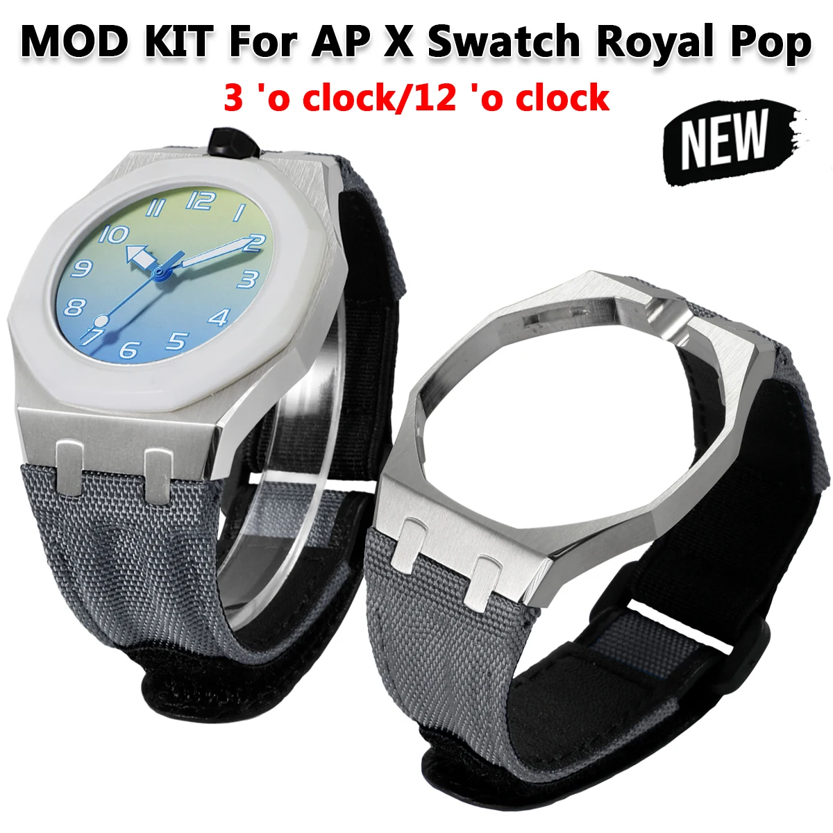 Für Swatch Royal Pop Case Luxus-Modifikations-Kit, Nylonarmband, Edelstahlgehäuse, 3-Uhr-/12-Uhr-Zubehör