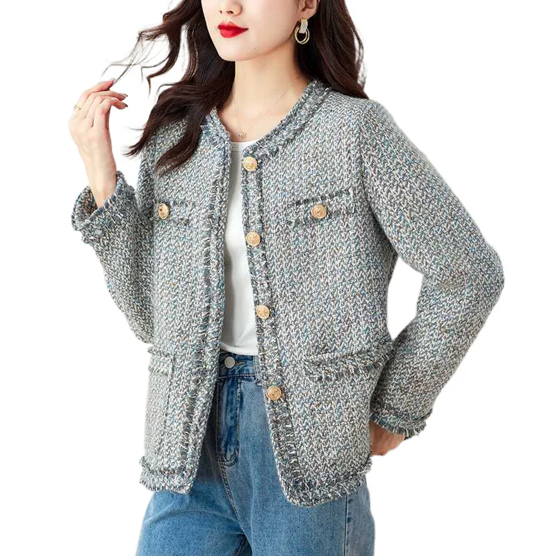 Tweed Jacket Light blue spring / autumn /winter women's jacket coat classic ladies wild ladies bright wire braided tweed jacket