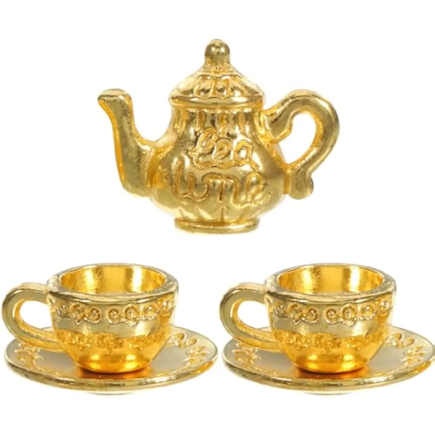 Miniature Tea Cup Set 3 Sets 1:12 Dollhouse Teapot Tea Cup Tea Saucers Mini Metal Teapot Set Dollhouse Accessories Decorations