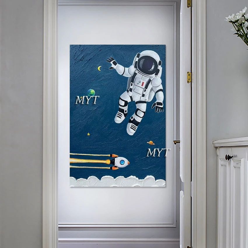 Thick Acrylic Astronaut Canvas Art Oil Painting Kids Room Wall Hanging Hand Painted Picture Home Decor Items Wholesale Price