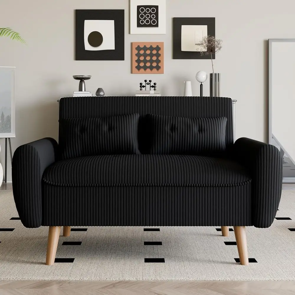 

Compact 2-Seat Loveseat Sofa with Corduroy Fabric, Tapered Legs for Living Room, Bedroom, and Small Spaces (Black)