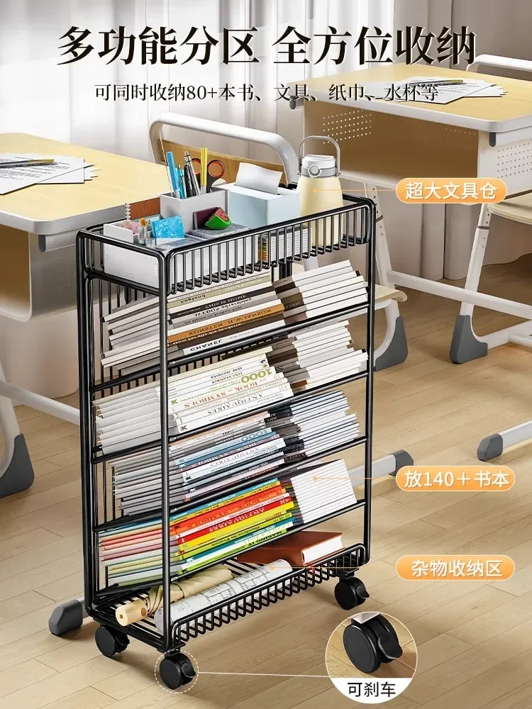 Bookshelf with wheels for storage at the study table