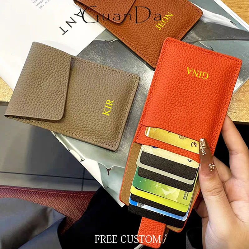 

Genuine Leather Custom Name Card Holder Engrave Initials Luxury Design Woman Wallet Slim Fashion Casual Card Bag Mini Coin Purse