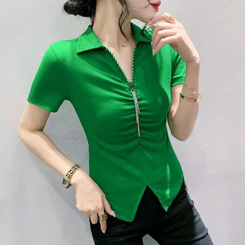 Summer New Design Fashion Korean Temperament Simple Polo Collar Short Sleeve T-shirt Women\'s Zipper Patchwork Folds Slim Fit Top