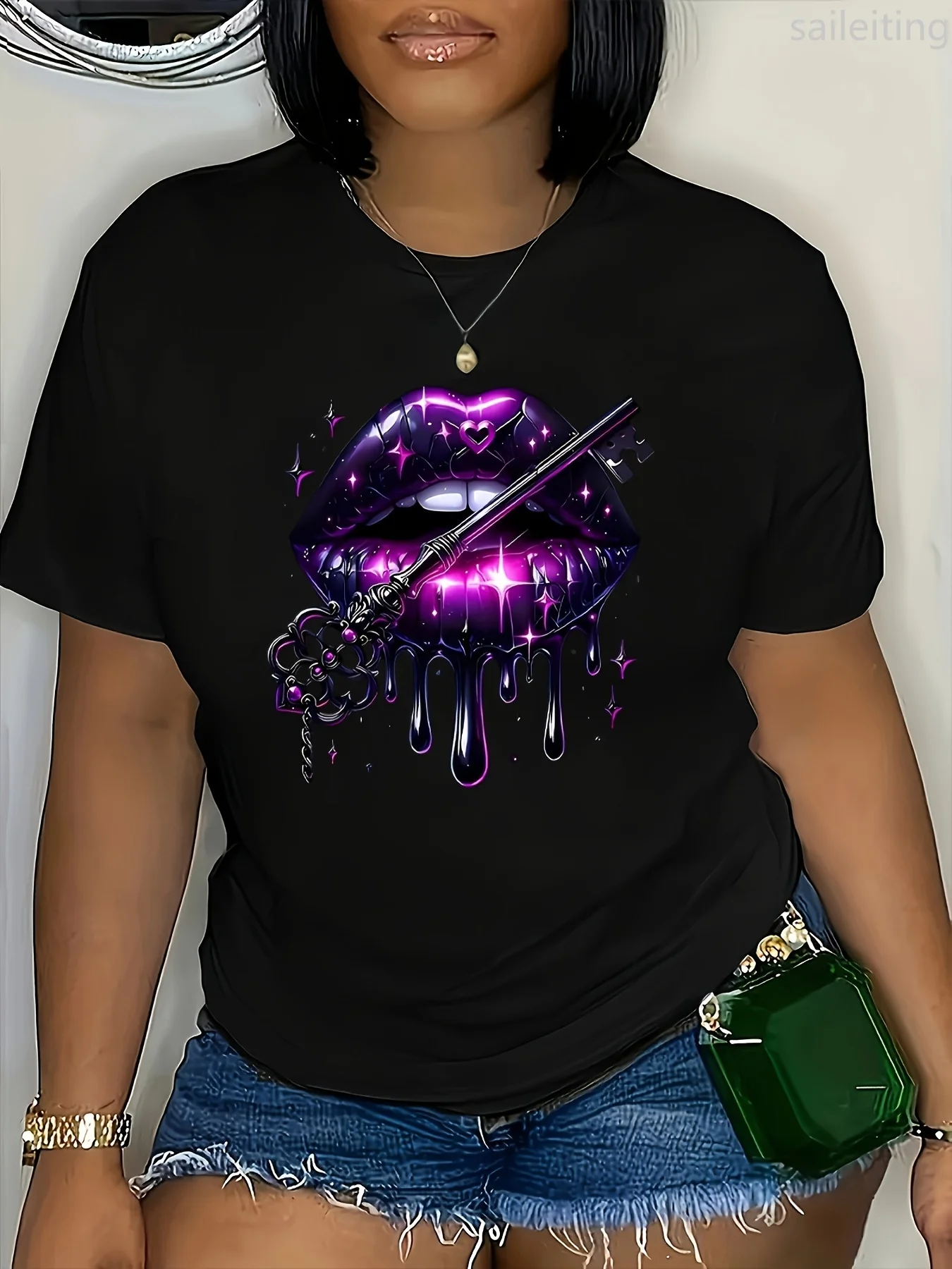 

Women's Casual Sleeve Black Round Graphic with Purple Lips Stars Print Stretchy Comfort FitSeason Cute TShirt Playful Lip Design