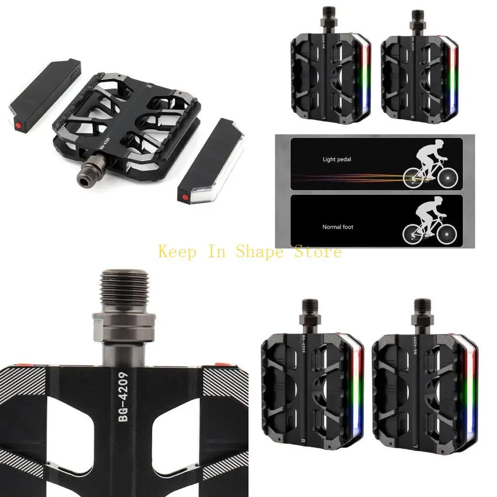 

U1JC Bicycles Wide Platform Pedals Three Bearing Footrest 3 Bearings LED Light Pedals
