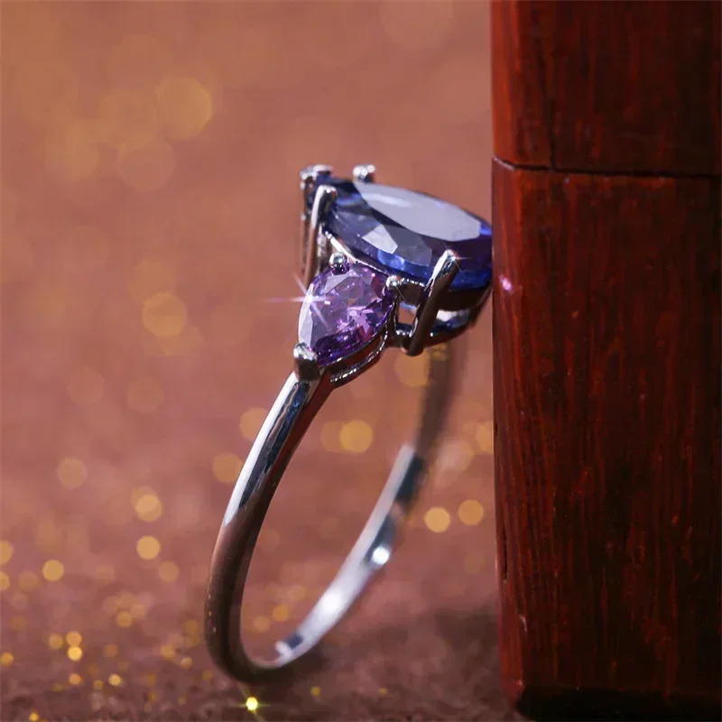 2026 New Jewelry Personality Pear-shaped Water Droplet Inlaid Blue-purple Zircon Wedding Ring Fashion Creative High-quality