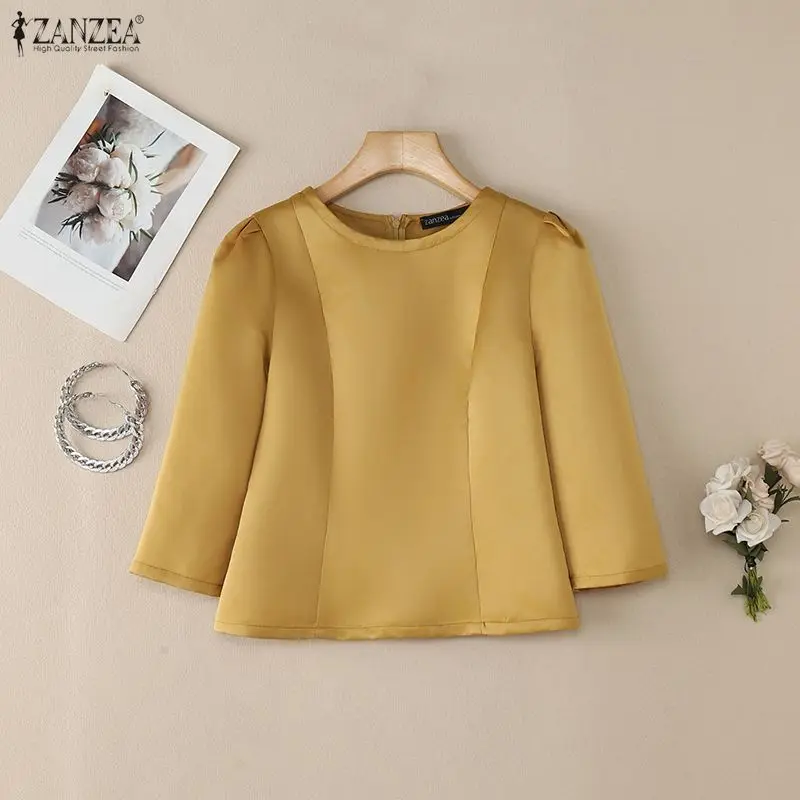 Elegante schwarze Satinblusen für Damen, Retro-Prinzessinnennähte, taillierte kurze Oberteile mit 3/4-Ärmeln, O-Ausschnitt, Hochzeitsgast-Damenkleidung