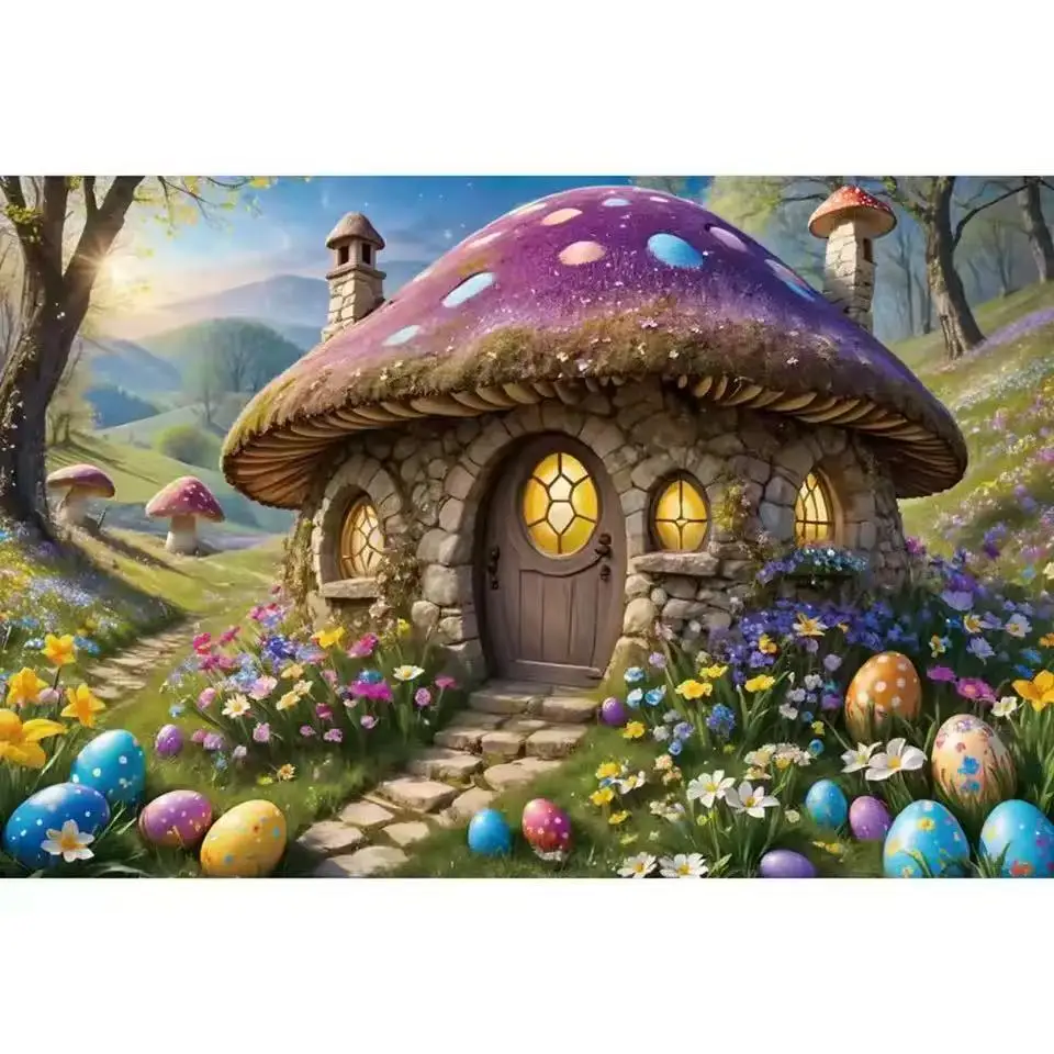 

Easter Photography Background Enchanted Forest Fairy Spring Garden Mushroom House Children Birthday Party Decor Backdrop Banner
