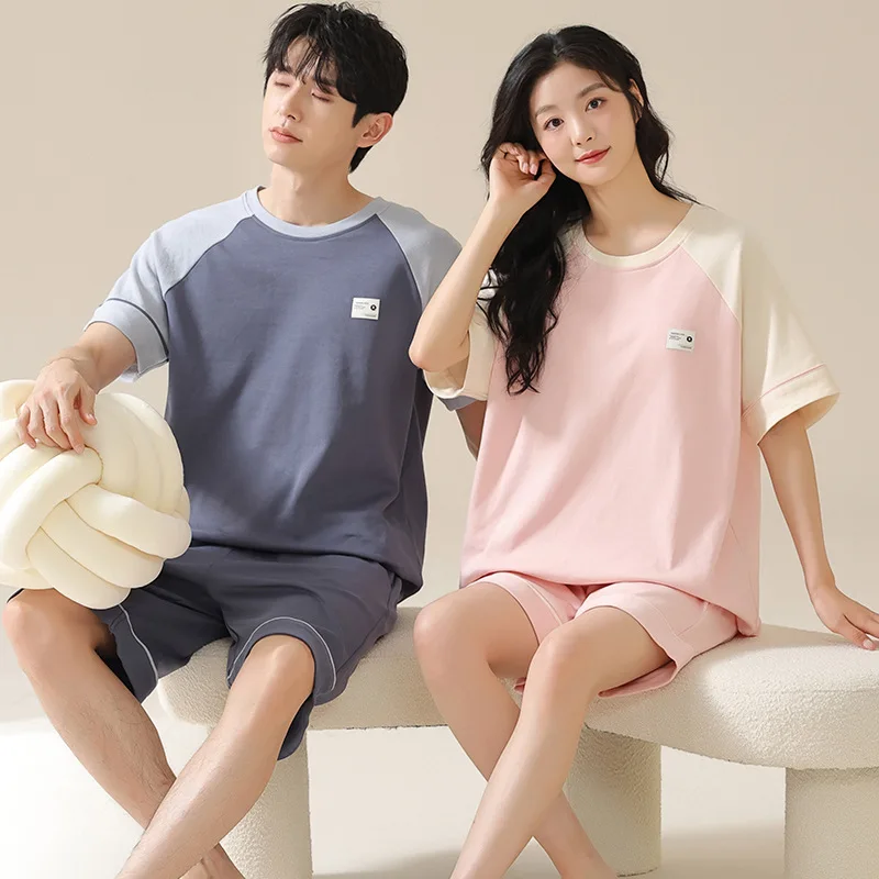 

Cotton Cool Couple Summer Pajamas Short-sleeved men women cooling Homewear Short Sleeve Sleeping Top Shorts Sleepwear For Lovers