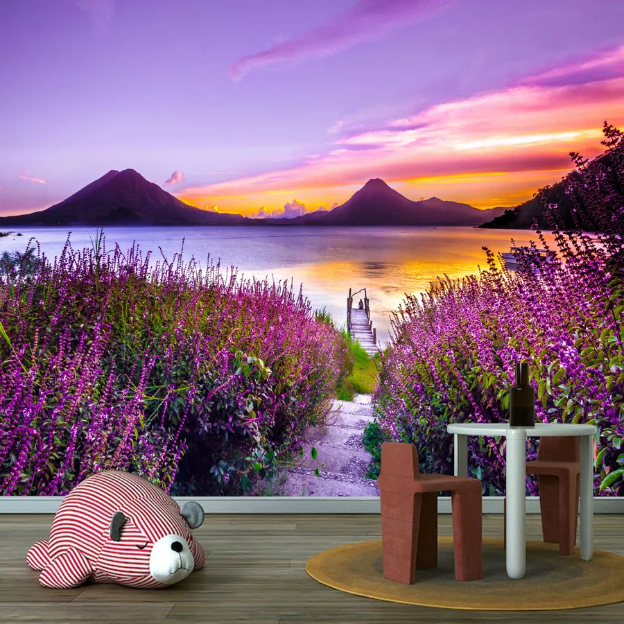 15+ Nature Lavender Flower Field Near Lake Walls Renovation Mural, Self Adhesive Optional, Wallpaper for Living Room Home Decor