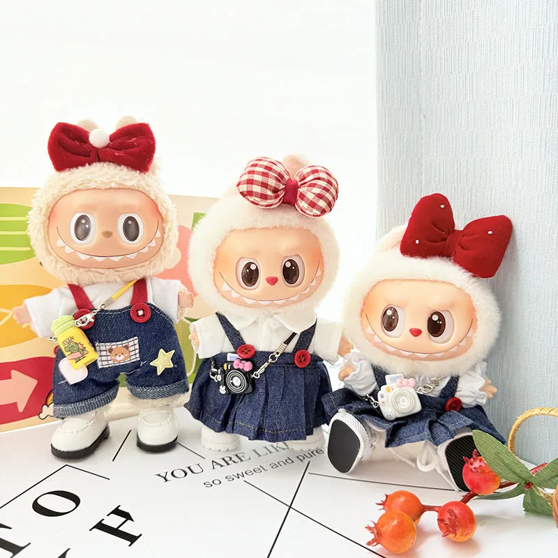 

15cm/17cm Cute Mini Plush Doll Clothing Baby Clothes Cowboy Strap Skirt With Camera Water Bottle Sitting Party DIY Gift