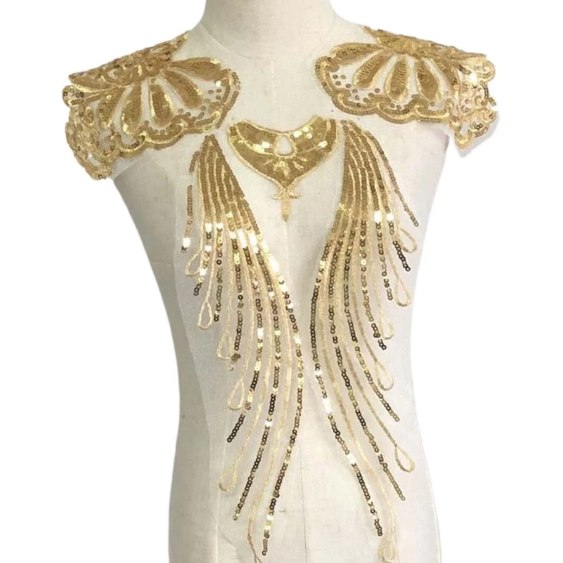 Adornos de lentejuelas de malla dorada y plateada, apliques de tela para coser parches, corpiño bordado de encaje, apliques de costura para vestido de novia