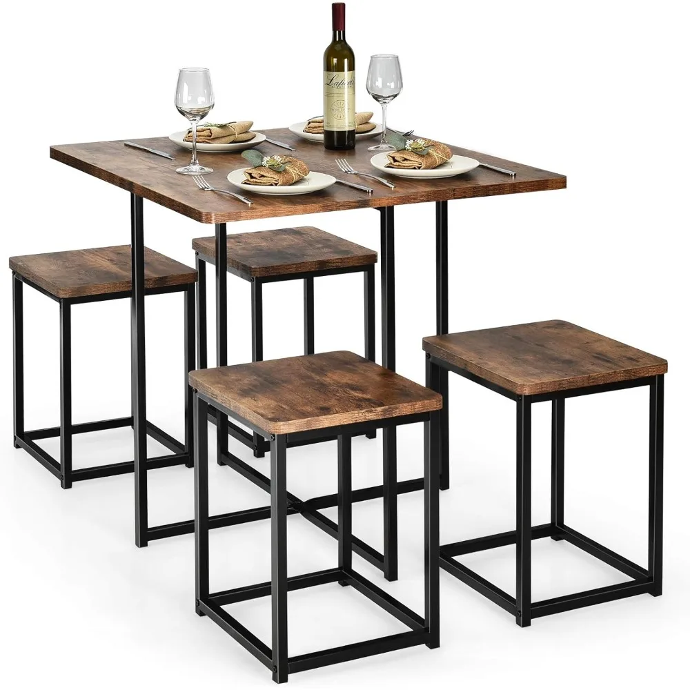 

5 Piece Dining Table Set, Dining Set for 4 with Square Stools, Small Kitchen Table Set with Metal Frame, Compact Design