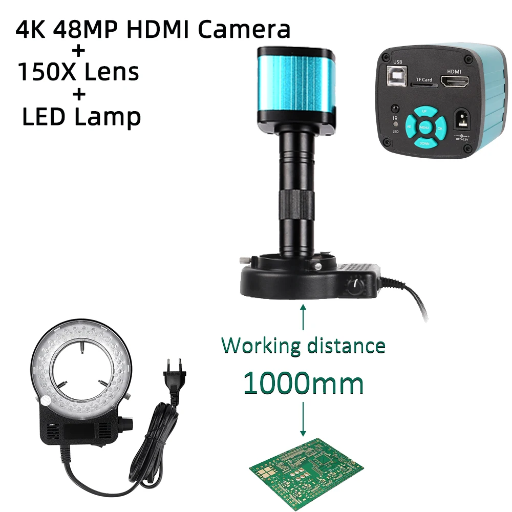 HDMI 48MP/13MP Video Microscope Digital Camera Set Monocular + 150X Adjustable Lens + LED Light Suit Pcb For Repair Phone Solder