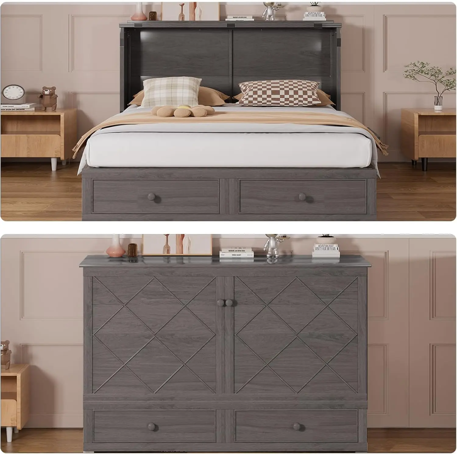 Ijuicy Murphy Bed Queen With Foam Mattress, Murphy Bed Cabinet With Charging Station & Side Storage Board, Hidden Folding Bed