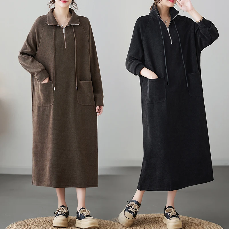 Plus size f mole vestido enssado solto emaecimento cor pura estilo casual outono inverno moda design coreano