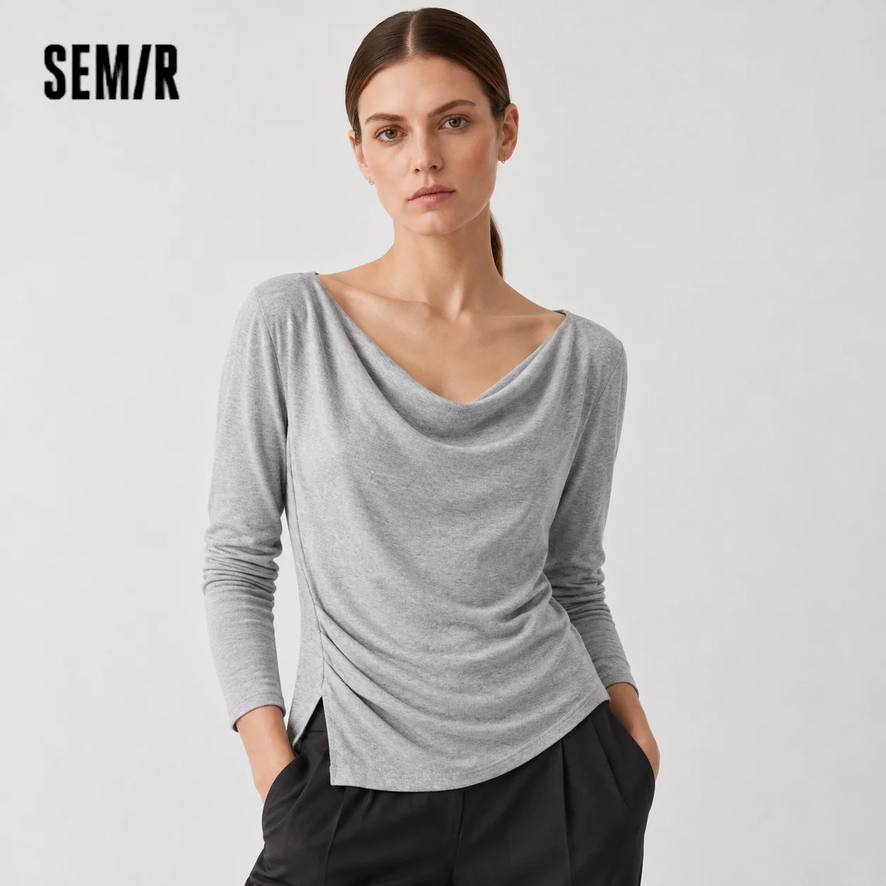 Semir Women Tshirt Long Sleeve Short Cowl Neck Ruched Irregular Slim Fashion Casual Autumn Top Street Wear 2026