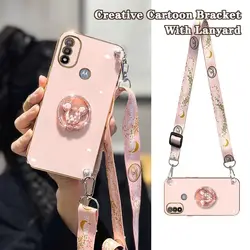 Creative Cute Cartoon Holder Lanyard Plating Phone Case For Motorola Moto E20 E7 E22i E7 Plus E13 E22 E32 G9 G8 G10 G13 Cover