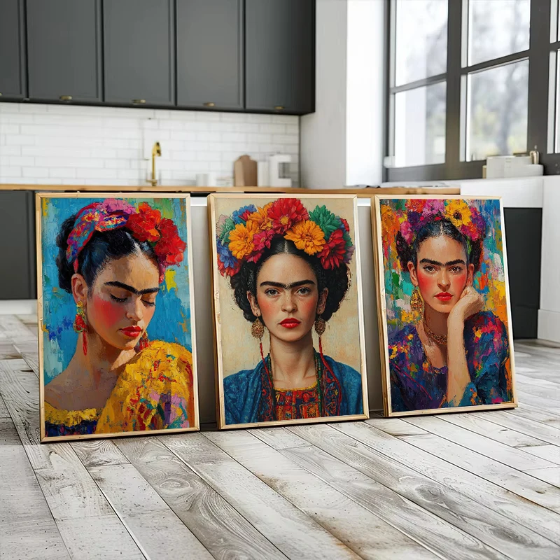 Mexican Artist Graffiti Woman Head with Flowers Canvas Painting F-K-Kahlos Poster Print Living Room Aesthetic Home Decor Cuadros