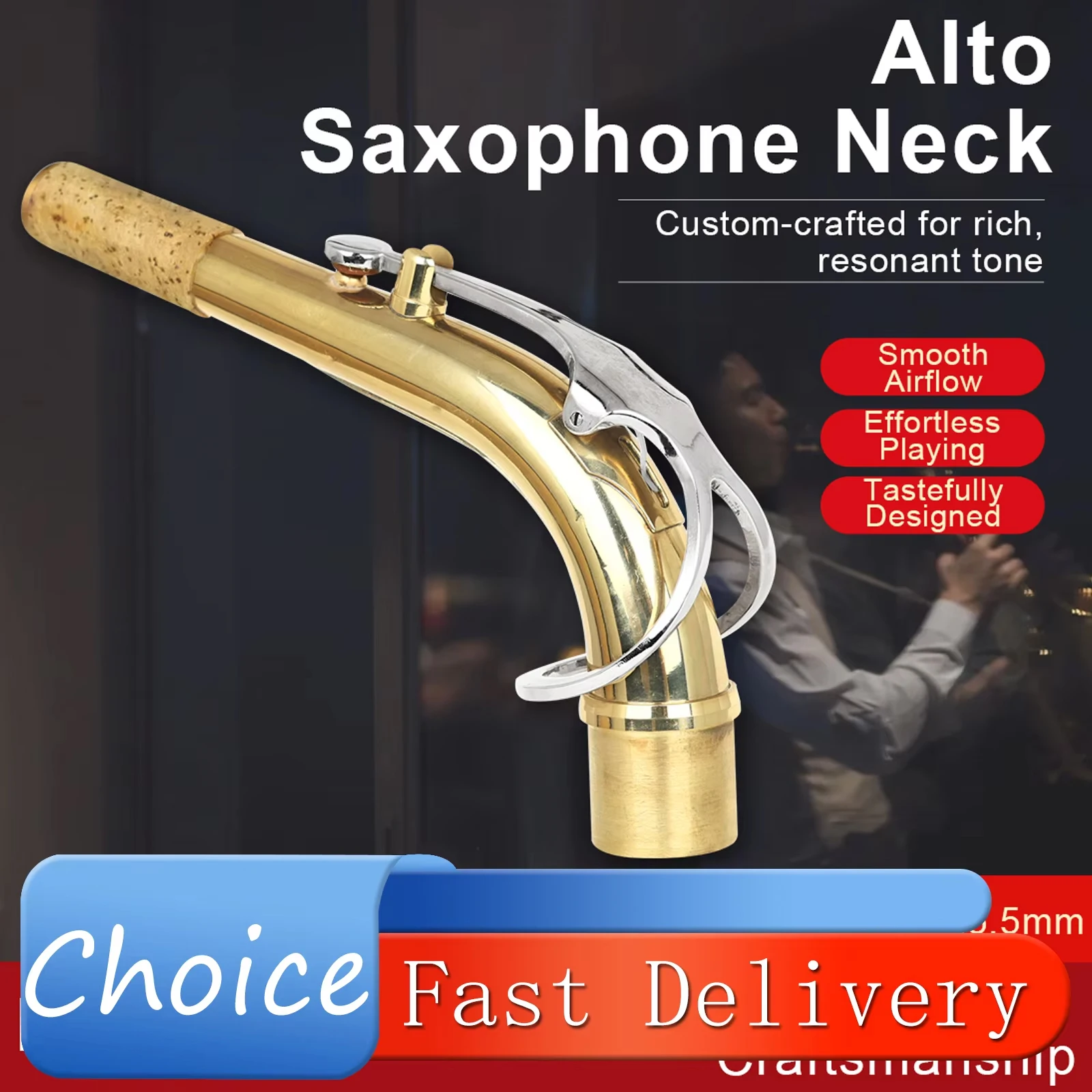 Brass Alto Saxophone Neck Gold and Silver Dual Color Sax Bend Neck with Cork Tenon 25.5mm Replacement Part for Alto Saxophone