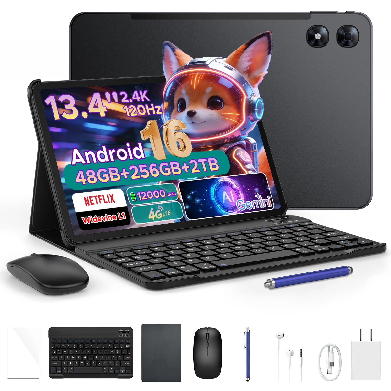 POCKAM P13 PROタブレットPC Android 16 Gemini AI 13.4インチ画面 48GB RAM (12GB+36GB) 256GB ROM 12000mAhバッテリー 4G LTE Widevine L1対応