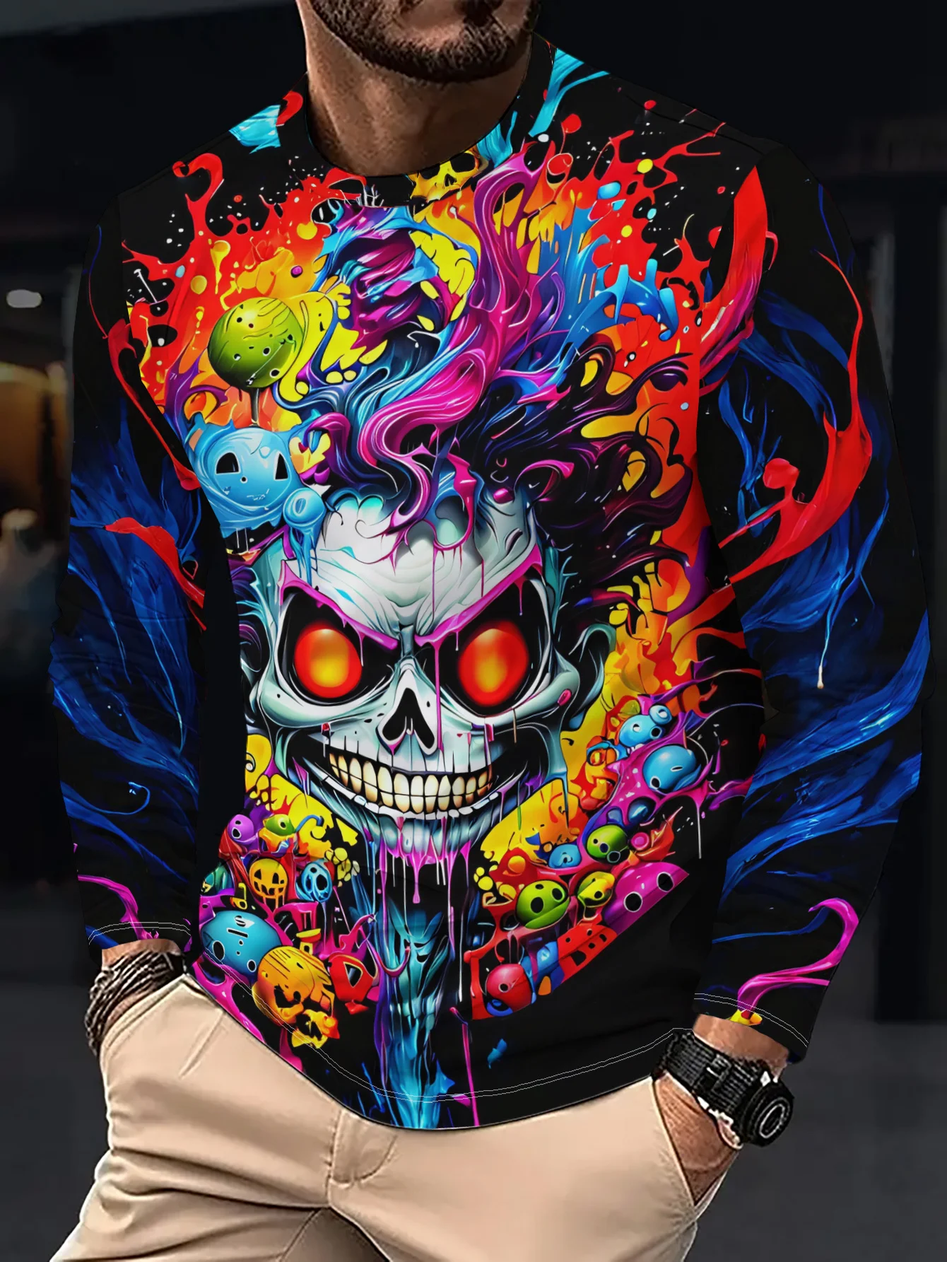 Men Long Sleeve T‑Shirt Color Splash Skull 3D Print Neon Graffiti Art Halloween Party Street Casual Top