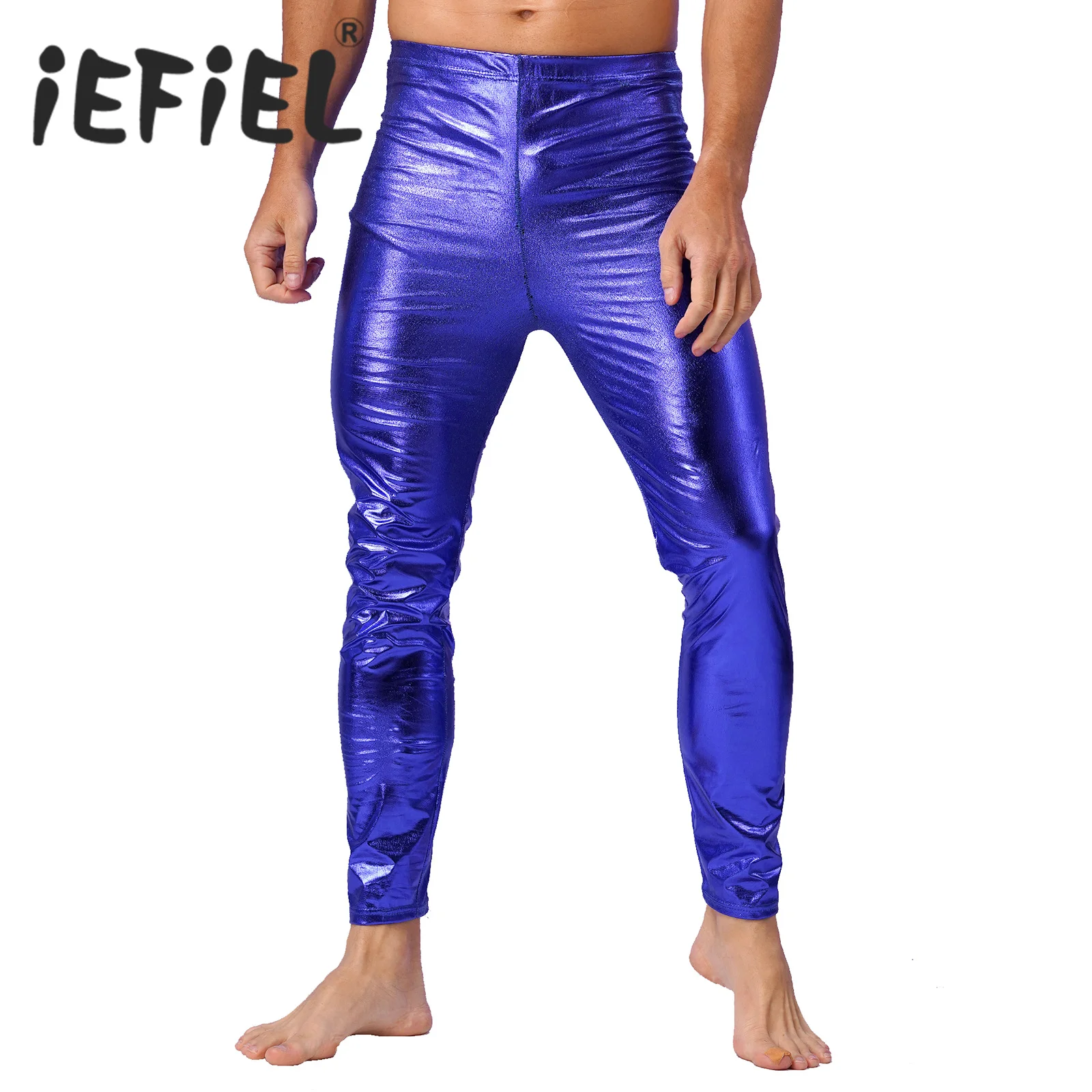 

Mens Skinny Pants Halloween Metallic Shiny Elastic Waist Straight Pants Dance Leggings for Stage Performance Nightclub Carnivals