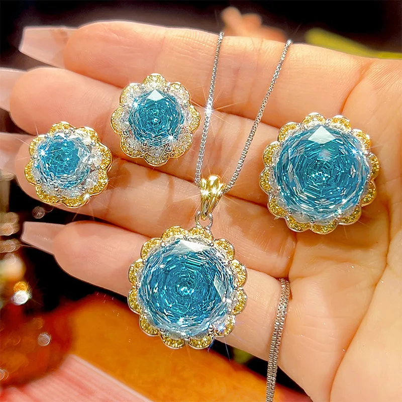 

Jewelry set with gold-plated rose cut aquamarine, light luxury craftsmanship, main stone 16-10mm