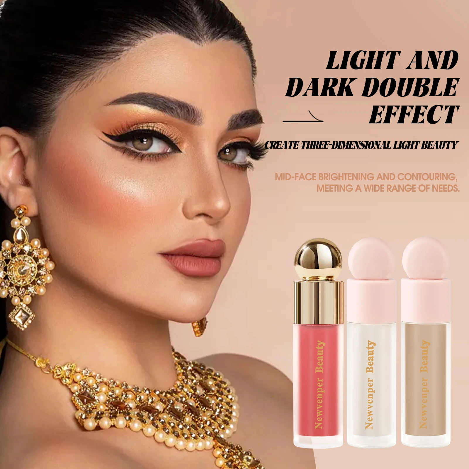 Liquid Highlighter + Blush + Contour Stick ชุดสําหรับ Face & Body Silky Natural Glow Liquid Luminizer Matte สีชมพู Shadow แต่งหน้า