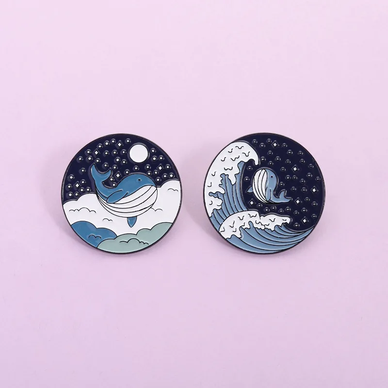 Cute Whale Enamel Pins Set Night Sky Wave Brooch Blue Ocean Animal Badge for Backpack Lapel Pin Jewelry Gift