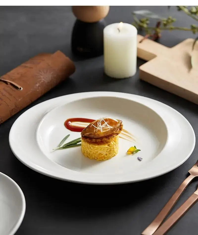 

Japanese Dinner Plate White Ceramic Steak Sushi Dish Round Platter Household Tableware Kitchen Restaurant Utensils