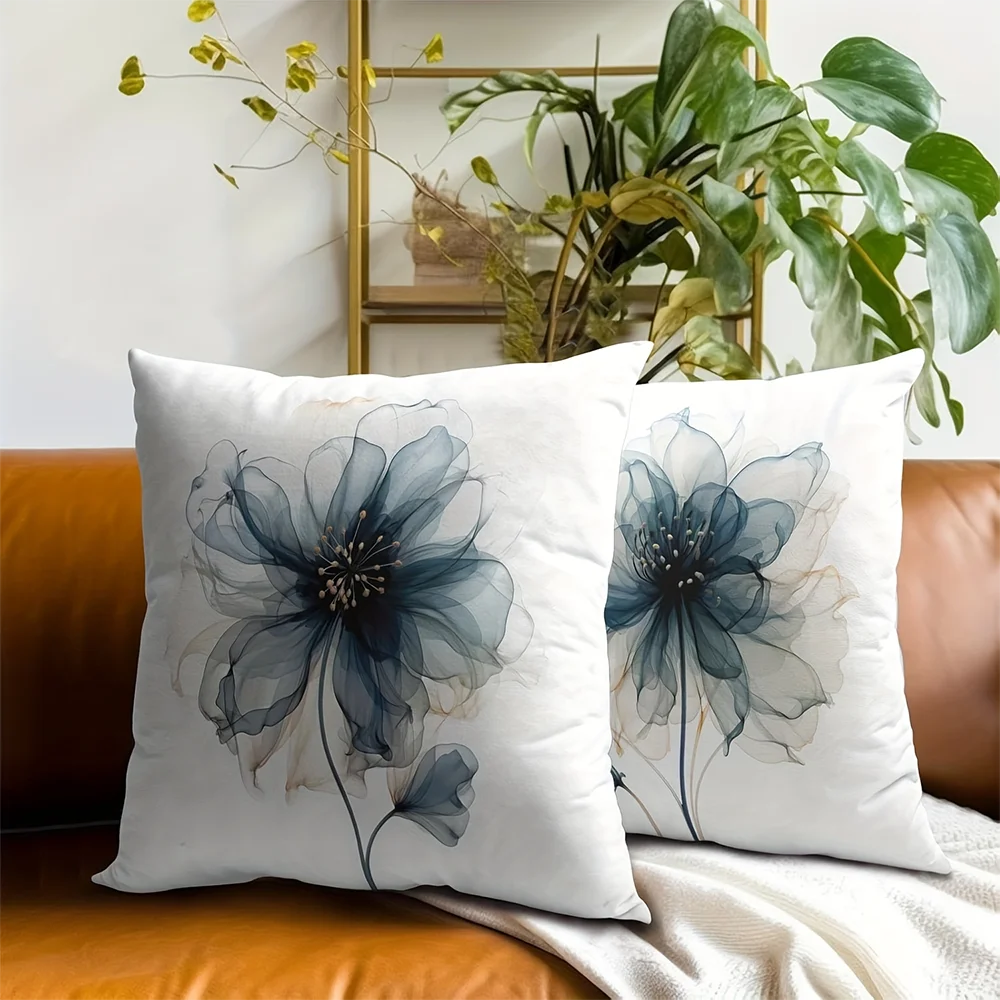 2pcs Transparent Watercolor Floral Throw Pillow Covers Elegant Indigo Flower Cushion Cases for Home Decor