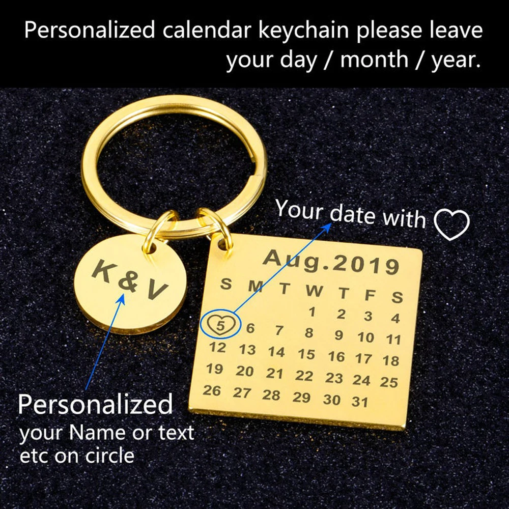 Keychain for Men Custom Stainless Steel Engraved Initials Calendar Date Keychain Wedding Anniversary Gifts Llavero Personalizado