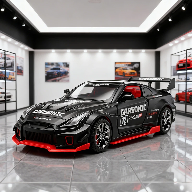 

1:32 GTR R35 Модифицированная модель автомобиля из сплава, игрушечный автомобиль, литье под давлением металла, звуковой и световой автомобиль, игрушки для детей, автомобиль